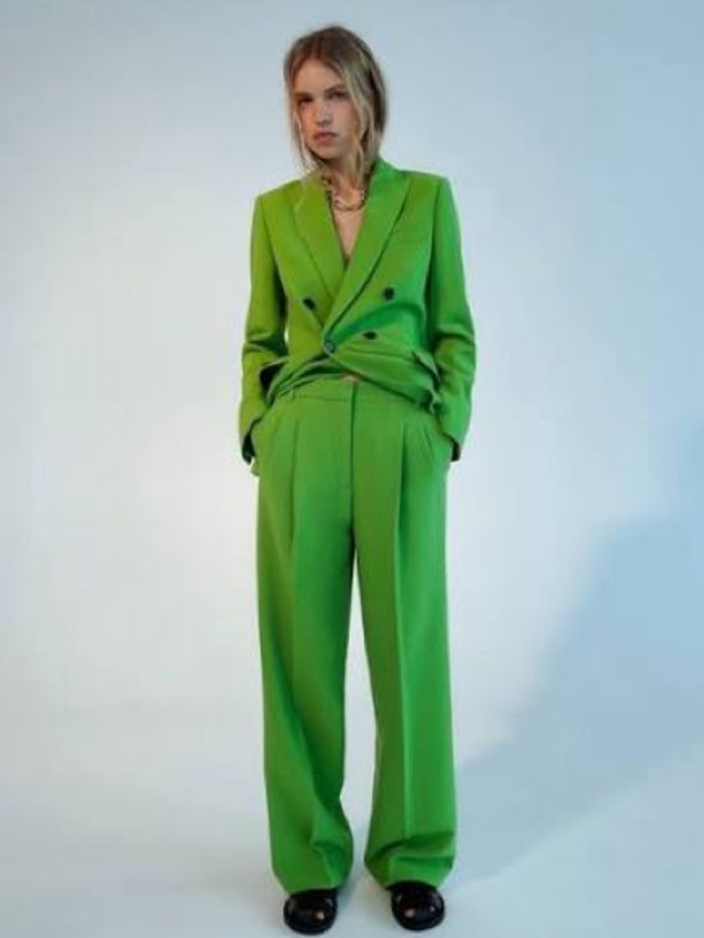 Zara Women's Bright Green Wide-Leg Trousers